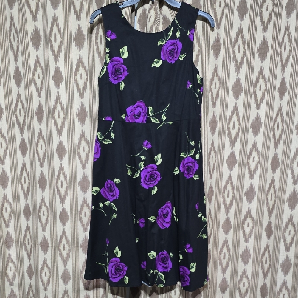 Black Midi Dress with Purple Rose Print